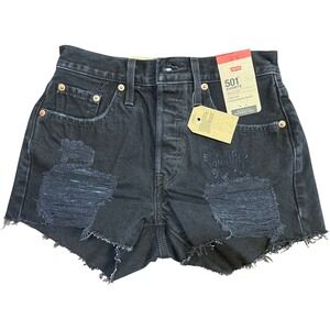 Levis 501 Original High Rise Distressed Denim Shorts Washed Black Womens 25 NEW
